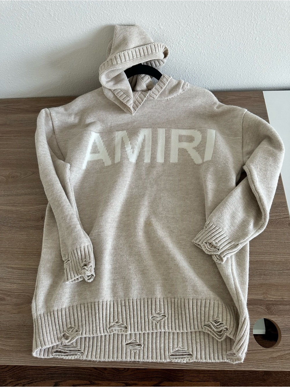 AMIRI Cream Off-the-Shoulder Logo Knit Sweater
